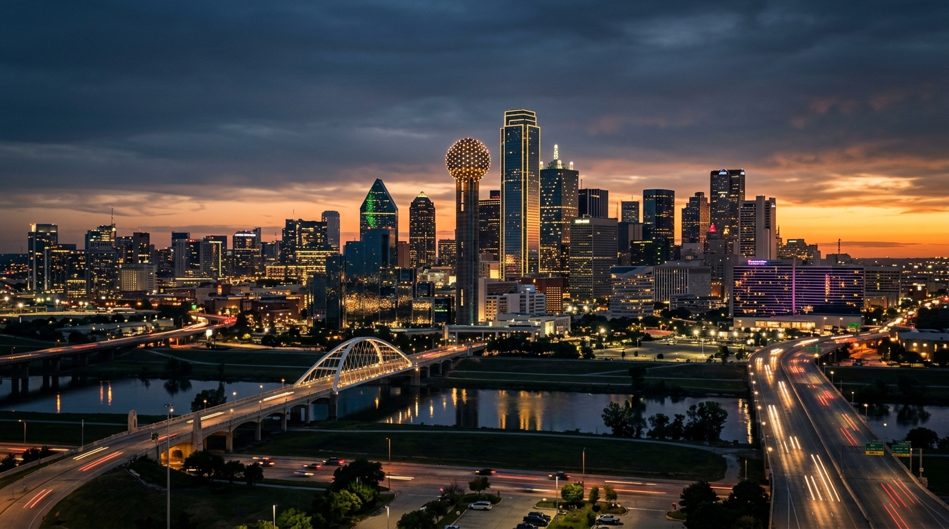 Dallas Texas skyline with Reunion Tower at sunset