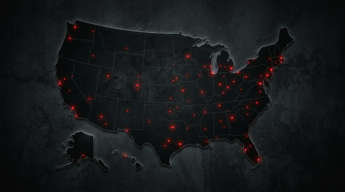 Dark tactical map of the United States with subtle red points