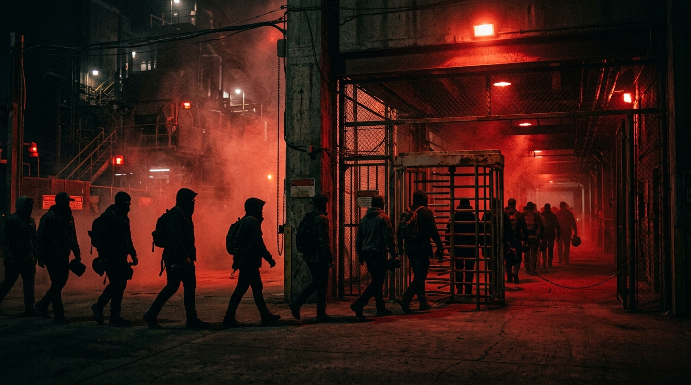 Attendees silhouetted against red security checkpoints and emergency lighting