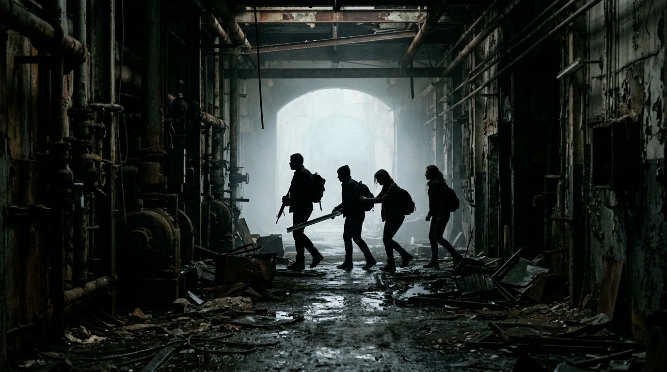 Survivor silhouettes walking in line toward pale doorway in abandoned building