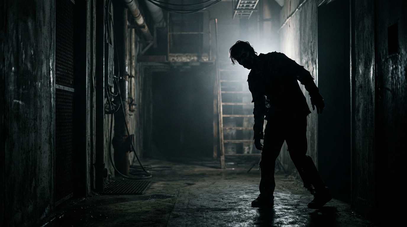 Dramatic infected zombie silhouette in an industrial corridor under harsh backlight