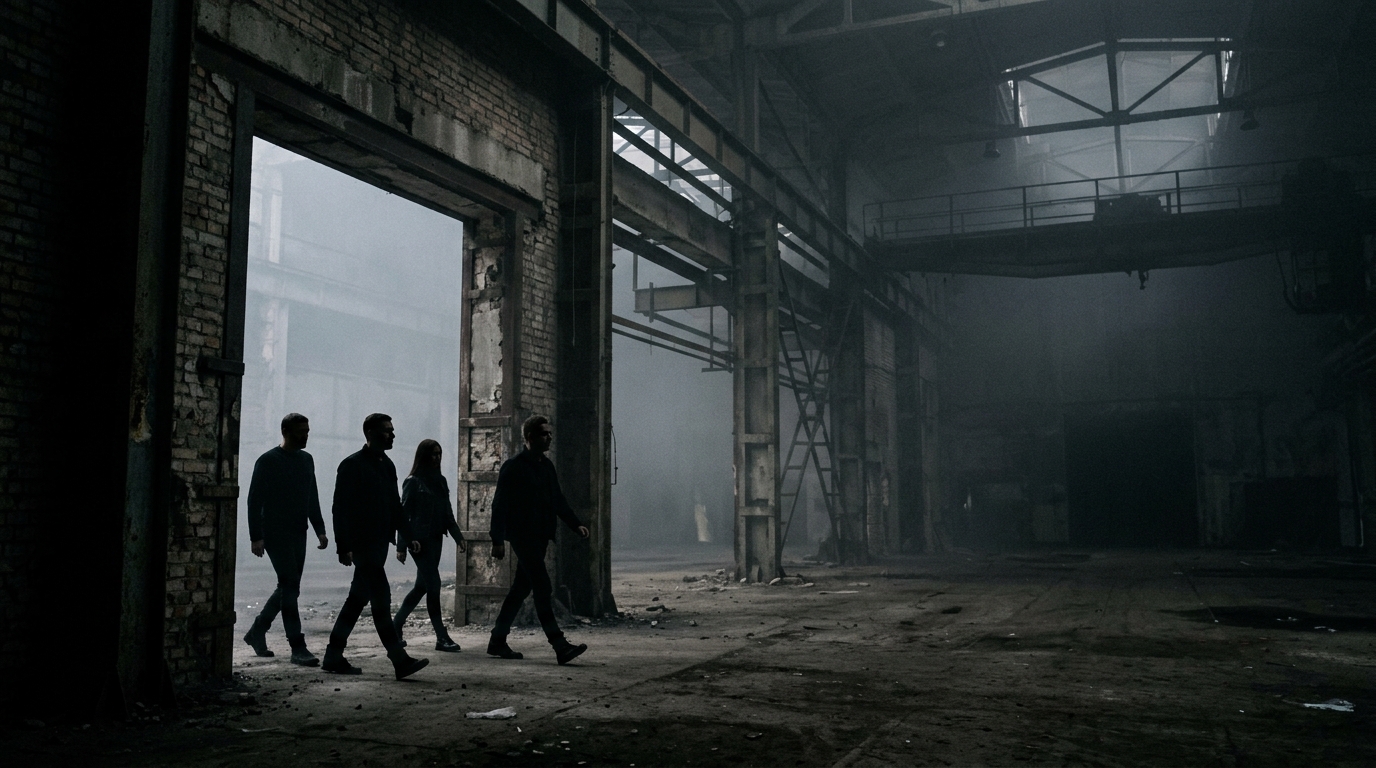 Four attendee silhouettes entering a misty derelict industrial doorway
