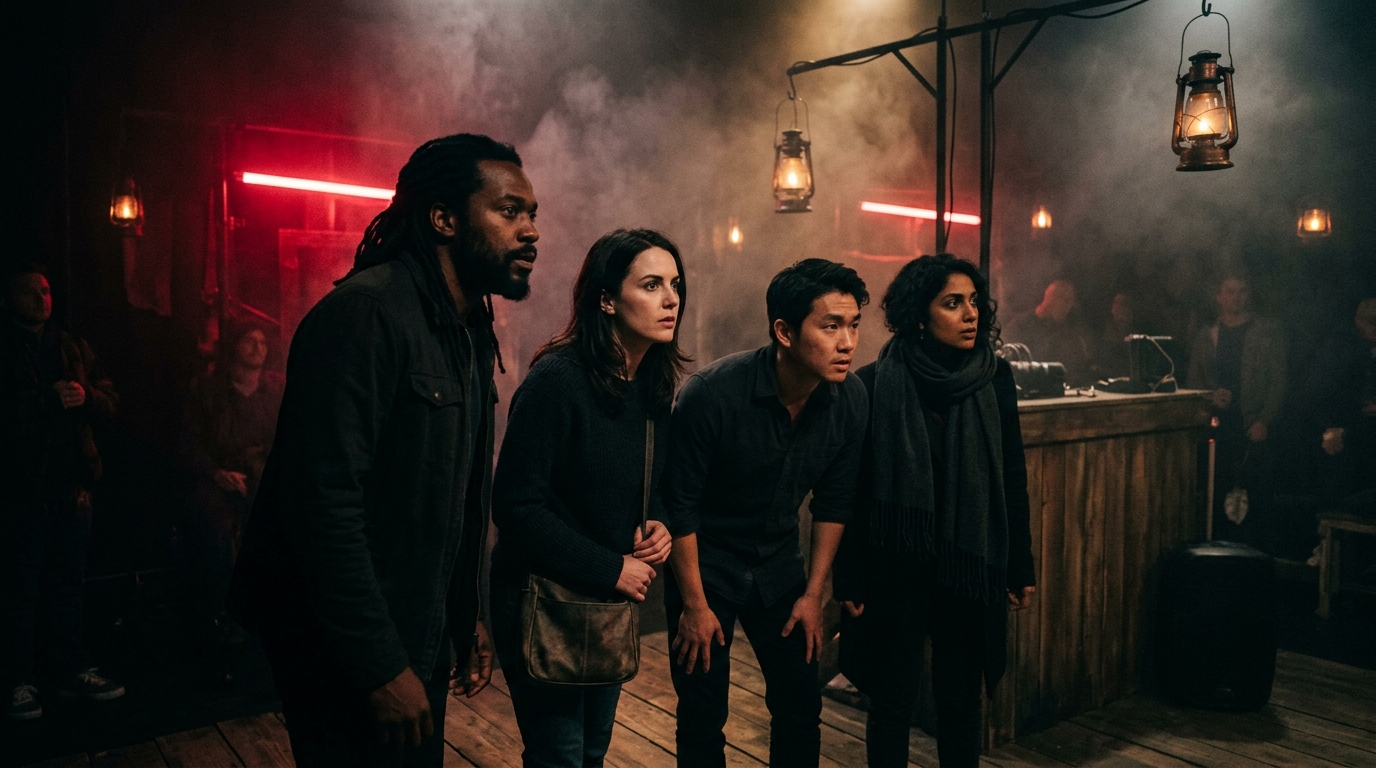 Small group in a dim red-lit atmospheric event space